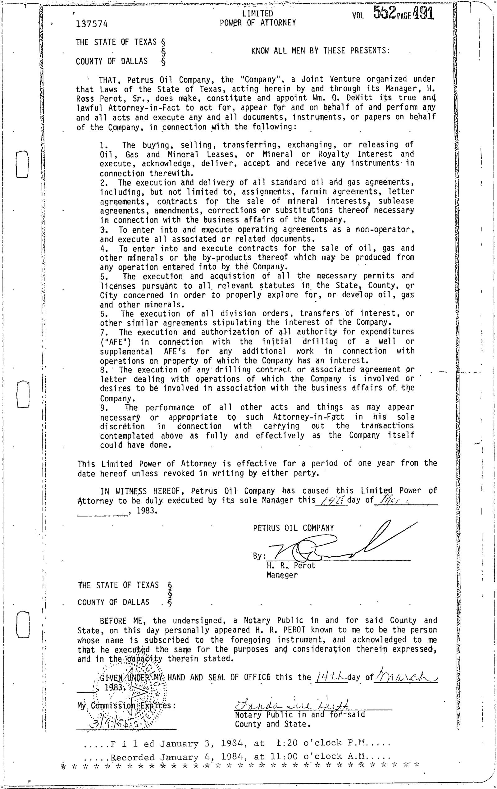 Petrus Oil Co - Recorded Power Of Attorney (Vol. 552, Page 491)