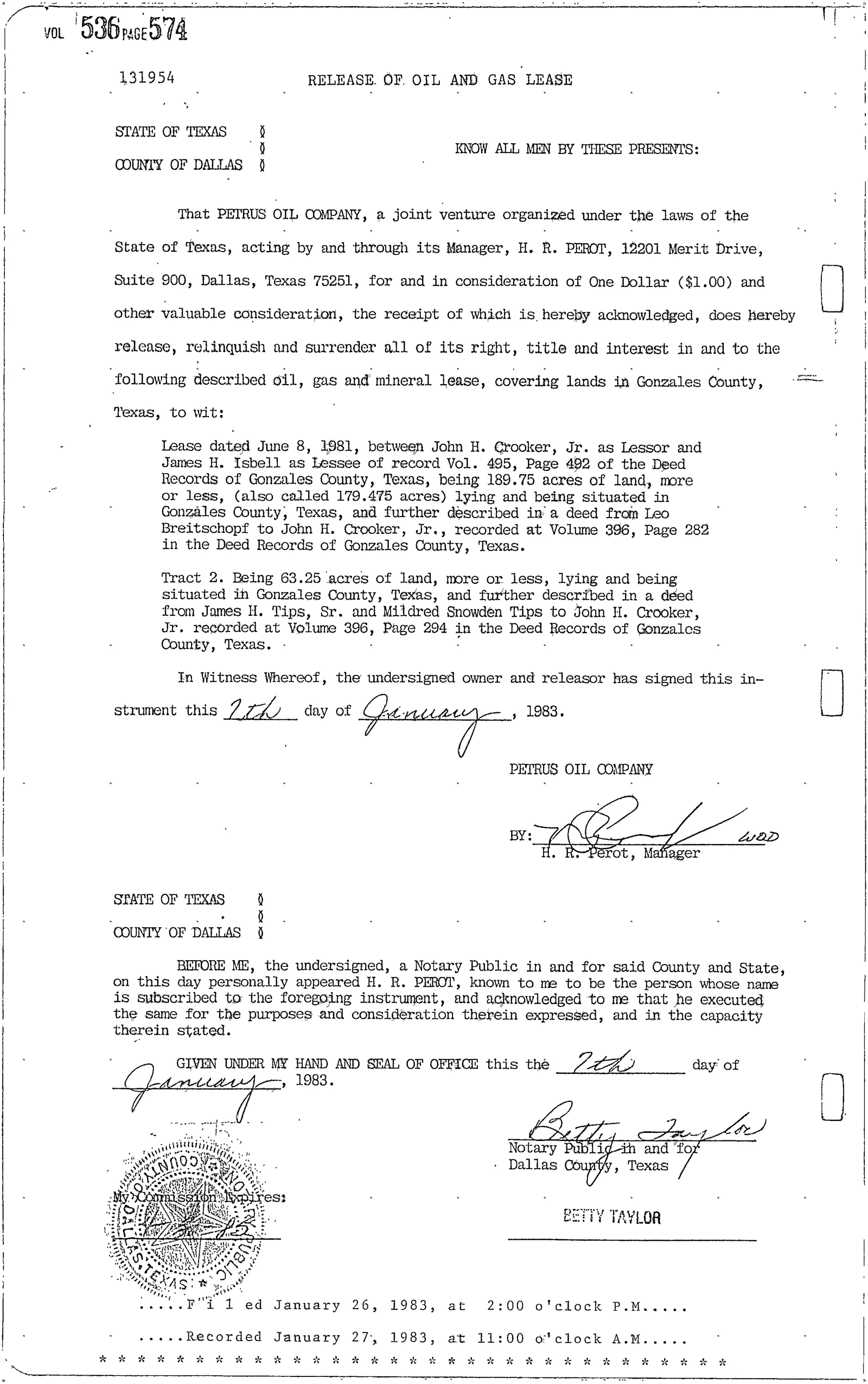 Petrus Oil Co - Recorded Release Oil Lease (Vol. 536, Page 574)